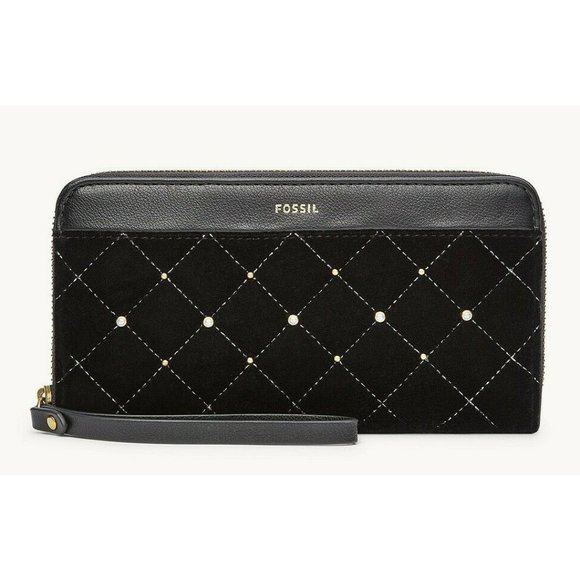 Fossil Handbags - New Fossil Jori Zip Clutch wristlet RFID wallet Velvet & Leather Black